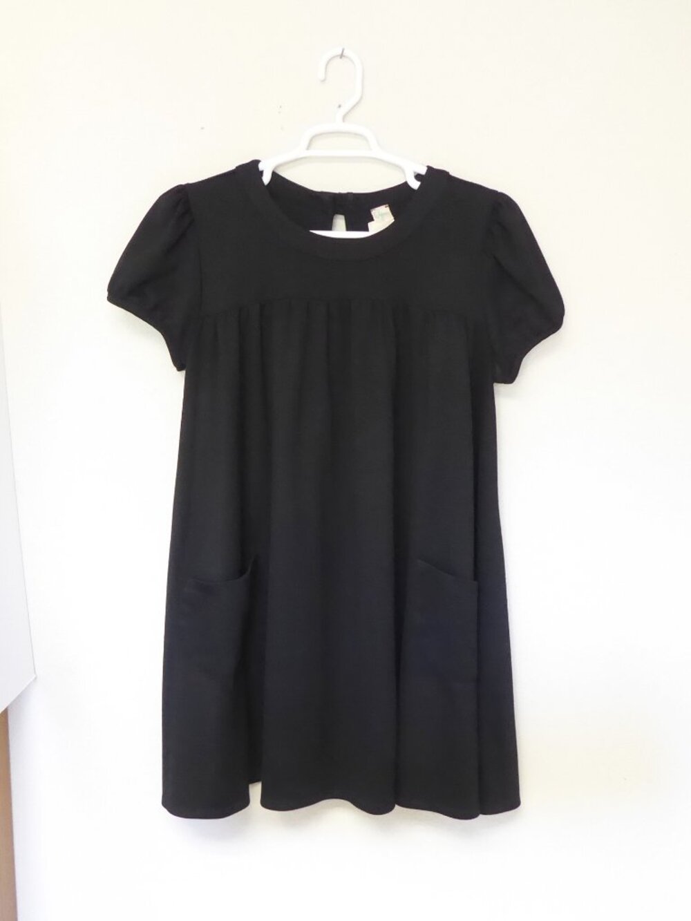 Aqua black puff short sleeve babydoll swing dress with pockets size large
